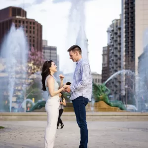 engagement, water fountain, happy couple, proposal