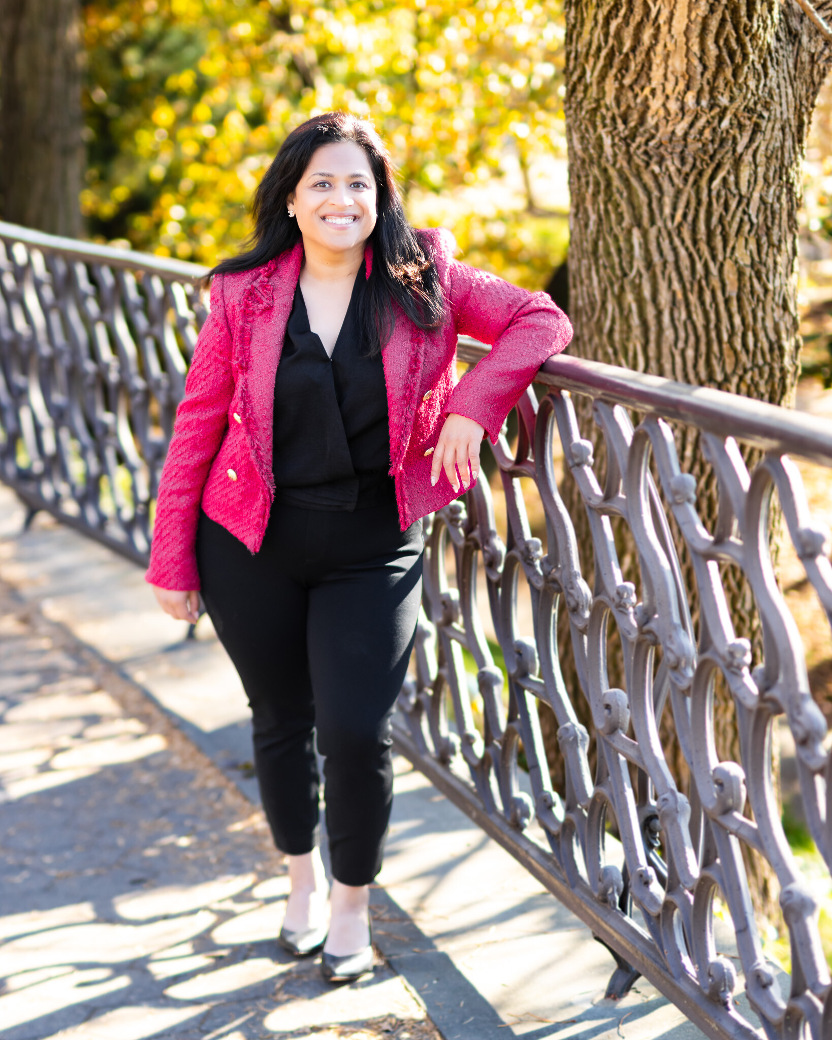 outdoor photo, professional business, woman, pink blazer, branding